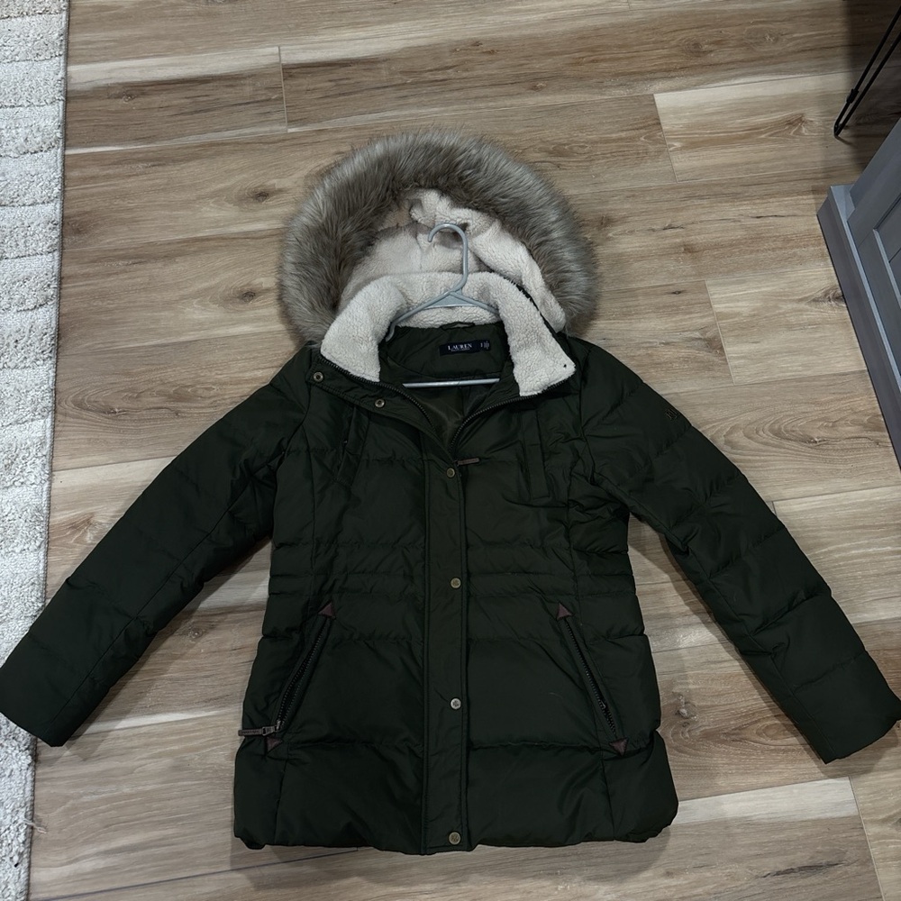 Ralph Lauren Women's Dark Green Puffer Coat with Faux Fur Hood